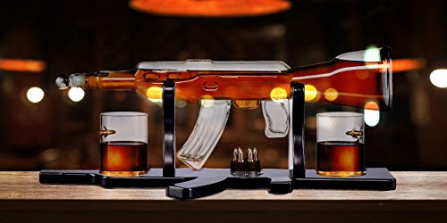 Whiskey Gun Decanter Gift Set - + 2 Whisky Bullet Glasses & Bullet Chilling Stones - Gun Shaped Rich Wood Classic Mahogany Base Tray - Liquor Scotch Bourbon -Boyfriend Husband Anniversary Retirement