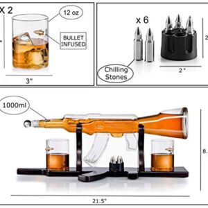 Whiskey Gun Decanter Gift Set - + 2 Whisky Bullet Glasses & Bullet Chilling Stones - Gun Shaped Rich Wood Classic Mahogany Base Tray - Liquor Scotch Bourbon -Boyfriend Husband Anniversary Retirement