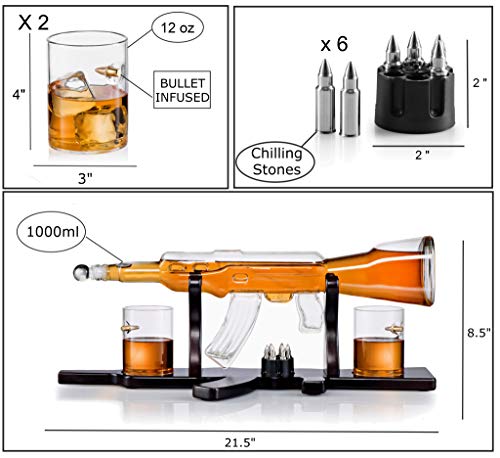 Whiskey Gun Decanter Gift Set - + 2 Whisky Bullet Glasses & Bullet Chilling Stones - Gun Shaped Rich Wood Classic Mahogany Base Tray - Liquor Scotch Bourbon -Boyfriend Husband Anniversary Retirement