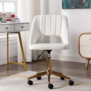 Guyou Desk Chair Armless Office Chair Gold and White, Upholstered Velvet Home Office Chair Cute Vanity Stool for Small Space Teens Study Makeup with Hollow Back, White