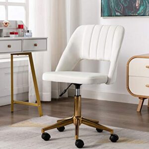 Guyou Desk Chair Armless Office Chair Gold and White, Upholstered Velvet Home Office Chair Cute Vanity Stool for Small Space Teens Study Makeup with Hollow Back, White