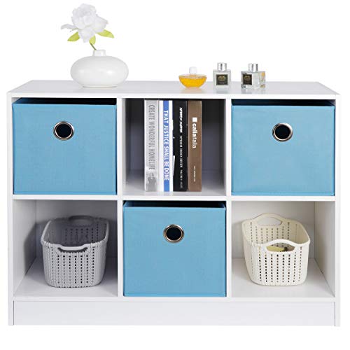 ZenStyle 3x2 Cubic Bookcase Storage Shelves 6 Cube Organizer Bookshelf Wooden Bookcase Cube Storage Cabinet with 3 Non-Woven Bins, White/Light Blue