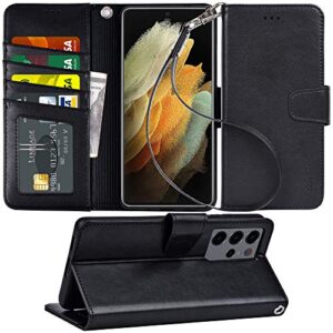 arae case for samsung galaxy s21 ultra wallet case flip cover with card holder and wrist strap for samsung galaxy s21 ultra, 6.8 inch (black)