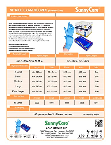 1000 SunnyCare #8204 Blue Nitrile Medical Exam Gloves Powder Free Chemo-Rated (Non Vinyl Latex) 100/box;10boxes/case Size: X-Large