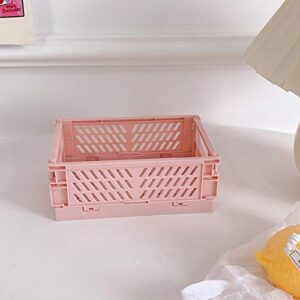mini collapsible storage crates/stackable storage container basket, folding plastic storage box foldable plastic storage case desktop carrying basket 4#mini pink