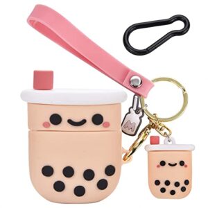 cute airpod case cover with keychain girly pink boba milk tea design compatible with airpods 2&1 charging case for women and girls
