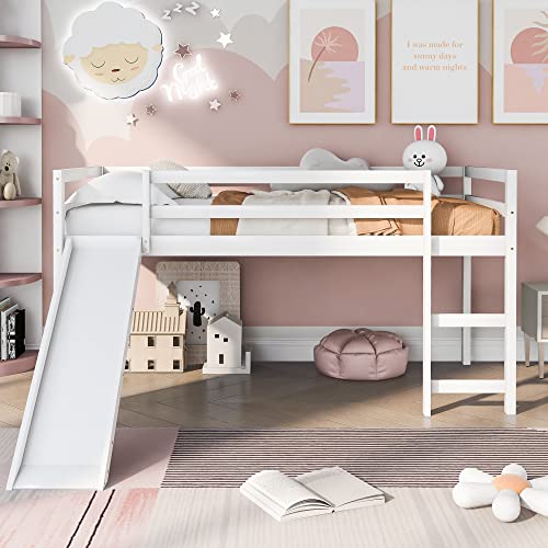 GAOWEI Twin Loft Bed with Slide and Ladder for Kids, Loft Bed, Twin Wood Kids Bed with Slide Multifunctional Design,Wood Low Profile Kids Mini Loft Bed Twin Size with Ladder (White)