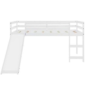 GAOWEI Twin Loft Bed with Slide and Ladder for Kids, Loft Bed, Twin Wood Kids Bed with Slide Multifunctional Design,Wood Low Profile Kids Mini Loft Bed Twin Size with Ladder (White)