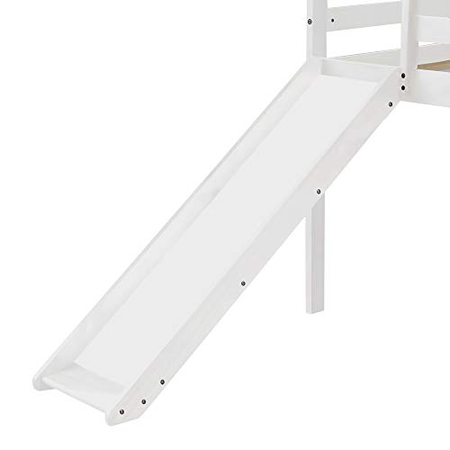 GAOWEI Twin Loft Bed with Slide and Ladder for Kids, Loft Bed, Twin Wood Kids Bed with Slide Multifunctional Design,Wood Low Profile Kids Mini Loft Bed Twin Size with Ladder (White)