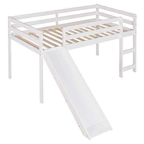 GAOWEI Twin Loft Bed with Slide and Ladder for Kids, Loft Bed, Twin Wood Kids Bed with Slide Multifunctional Design,Wood Low Profile Kids Mini Loft Bed Twin Size with Ladder (White)