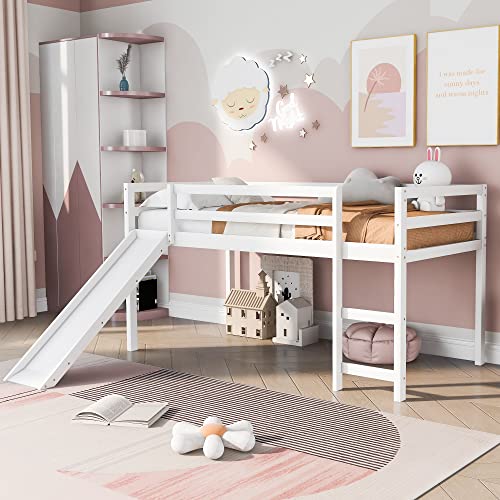 GAOWEI Twin Loft Bed with Slide and Ladder for Kids, Loft Bed, Twin Wood Kids Bed with Slide Multifunctional Design,Wood Low Profile Kids Mini Loft Bed Twin Size with Ladder (White)