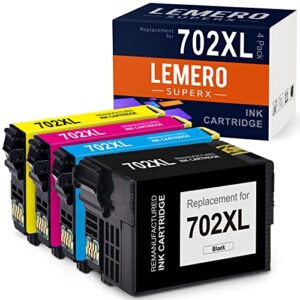 lemerosuperx 702xl remanufactured ink cartridge replacement for epson 702 702xl for workforce pro wf-3720 wf-3730 wf-3733 printer (1 black, 1 cyan, 1 magenta, 1 yellow, 4 pack)