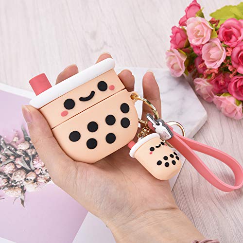 Cute Airpod Pro Case Cover with Keychain Girly Pink Boba Milk Tea Design Compatible with Airpods Pro Charging Case for Women and Girls