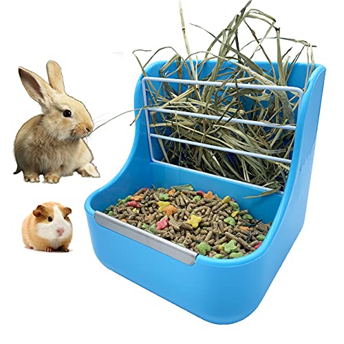 Mcgogo Rabbit Food Bowl,Guinea Pig Food Bowl,2 in 1 Hanging Automatic Rabbit Feeder Dispenser for Small Animal, Hay Feeder for Chinchillas (Blue)