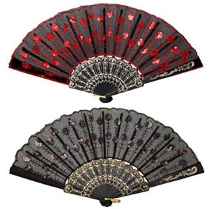 2 pieces of sequin fabric folding fans embroidered flower lace trim peacock fan fabric plastic folding handheld fan for women hand craft (red, black)