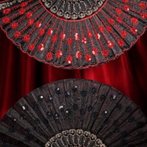 2 Pieces of Sequin Fabric Folding Fans Embroidered Flower Lace Trim Peacock Fan Fabric Plastic Folding Handheld Fan for Women Hand Craft (Red, Black)