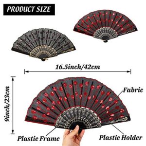 2 Pieces of Sequin Fabric Folding Fans Embroidered Flower Lace Trim Peacock Fan Fabric Plastic Folding Handheld Fan for Women Hand Craft (Red, Black)