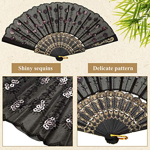 2 Pieces of Sequin Fabric Folding Fans Embroidered Flower Lace Trim Peacock Fan Fabric Plastic Folding Handheld Fan for Women Hand Craft (Red, Black)