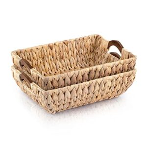 ado basics large water hyacinth hand woven basket with stain resistant polished wooden handles, storage wicker baskets 15" length, 10.6" width, 5.3" height, set of 2
