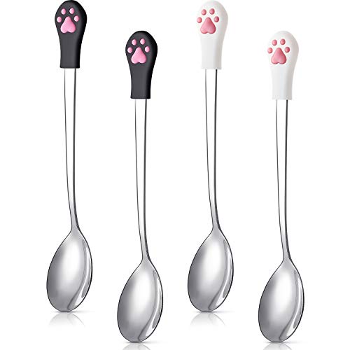 4 Pieces Dog Cat Spoon Pet Food Can Spoon Stainless Steel Pet Food Spoon Cat Claw Spoon for Dog and Cat Food Can, White and Black