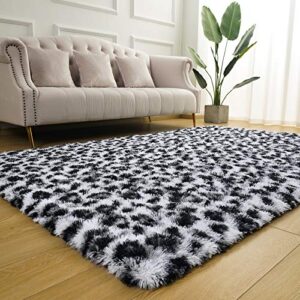 BENRON Soft Leopard Rug Black 4x6 Ft Leopard Print Rugs for Bedroom Living Room Decor Plush Animal Rugs for Kids Girls Nursery White Black Leopard Print