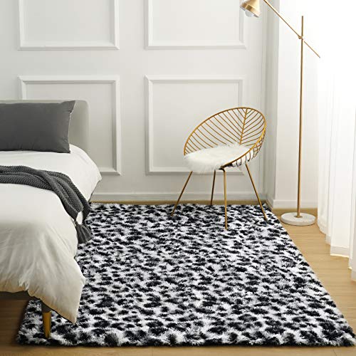 BENRON Soft Leopard Rug Black 4x6 Ft Leopard Print Rugs for Bedroom Living Room Decor Plush Animal Rugs for Kids Girls Nursery White Black Leopard Print