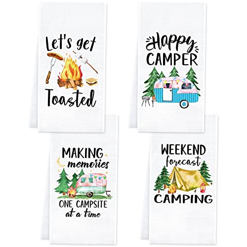 Vansolinne Camping Kitchen Towels Set of 4 Dish Towels White Kitchen Hand Towels Kit Printed with Funny Sayings Novelty Gifts for Campers Happy Camper Camping Accessories for RV Campers