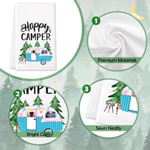 Vansolinne Camping Kitchen Towels Set of 4 Dish Towels White Kitchen Hand Towels Kit Printed with Funny Sayings Novelty Gifts for Campers Happy Camper Camping Accessories for RV Campers