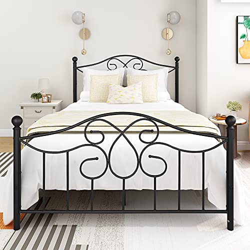 Diolong Metal Full Bed Frame with Storage Vintage Platform Bed Frame with Headboard and Footboard No Box Spring Needed Heavy Duty Steel Slat Support, Full, Black