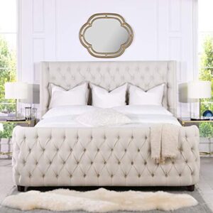 jennifer taylor home harmonie upholstered shelter headboard bed set, king (u.s. standard), light beige linen