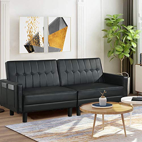 OBBOLLY Futon Sofa Bed - Tufted Design Loveseat Sofa Sleeper with Side Pockets and Armrest, Faux Leather Convertible Sofa Couch for Compact Living Space, Apartment, Dorm (Black)