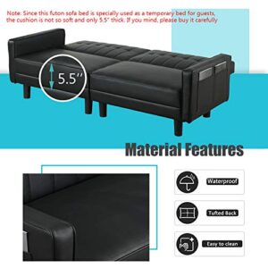 OBBOLLY Futon Sofa Bed - Tufted Design Loveseat Sofa Sleeper with Side Pockets and Armrest, Faux Leather Convertible Sofa Couch for Compact Living Space, Apartment, Dorm (Black)