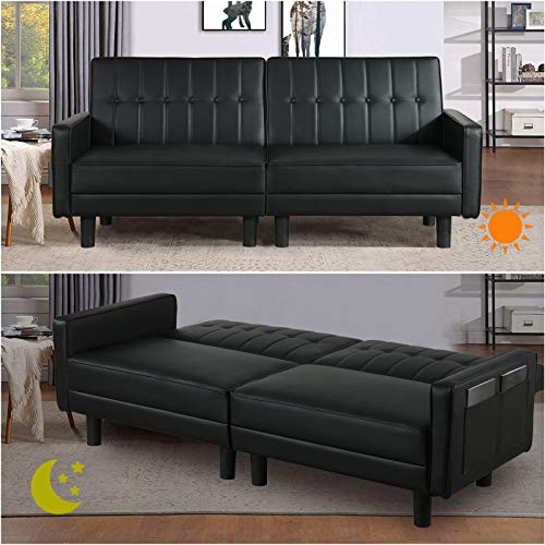 OBBOLLY Futon Sofa Bed - Tufted Design Loveseat Sofa Sleeper with Side Pockets and Armrest, Faux Leather Convertible Sofa Couch for Compact Living Space, Apartment, Dorm (Black)