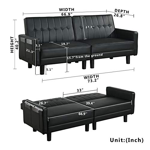 OBBOLLY Futon Sofa Bed - Tufted Design Loveseat Sofa Sleeper with Side Pockets and Armrest, Faux Leather Convertible Sofa Couch for Compact Living Space, Apartment, Dorm (Black)