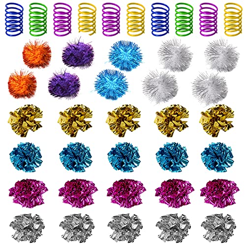 WSYUB 42Pcs Crinkle Balls Cat Toy and Spring- 20Pcs Mylar Crinkle Ball Cat Toy, 10Pcs Sparkle Ball Tinsel Pom Poms Glitter, 12 Plastic Spring Cat Toy