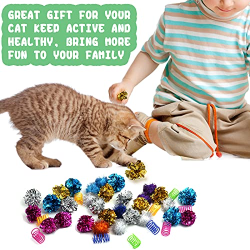 WSYUB 42Pcs Crinkle Balls Cat Toy and Spring- 20Pcs Mylar Crinkle Ball Cat Toy, 10Pcs Sparkle Ball Tinsel Pom Poms Glitter, 12 Plastic Spring Cat Toy