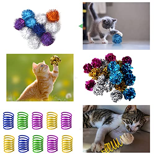 WSYUB 42Pcs Crinkle Balls Cat Toy and Spring- 20Pcs Mylar Crinkle Ball Cat Toy, 10Pcs Sparkle Ball Tinsel Pom Poms Glitter, 12 Plastic Spring Cat Toy