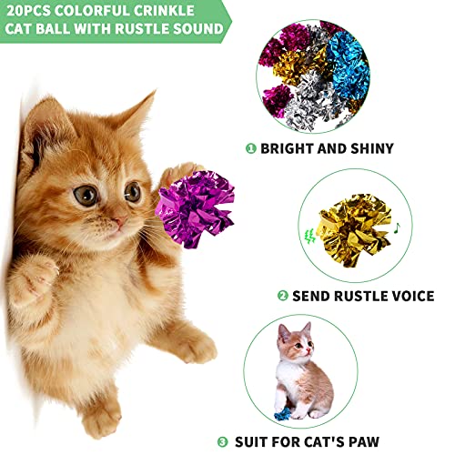 WSYUB 42Pcs Crinkle Balls Cat Toy and Spring- 20Pcs Mylar Crinkle Ball Cat Toy, 10Pcs Sparkle Ball Tinsel Pom Poms Glitter, 12 Plastic Spring Cat Toy