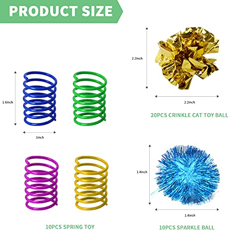 WSYUB 42Pcs Crinkle Balls Cat Toy and Spring- 20Pcs Mylar Crinkle Ball Cat Toy, 10Pcs Sparkle Ball Tinsel Pom Poms Glitter, 12 Plastic Spring Cat Toy