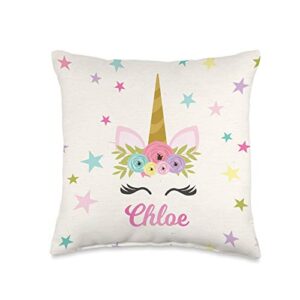 cute rainbow color kids pillow co chloe unicorn personalized gift name for girls throw pillow, 16x16, multicolor
