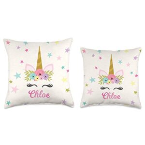 Cute Rainbow Color Kids Pillow Co Chloe Unicorn Personalized Gift Name for Girls Throw Pillow, 16x16, Multicolor
