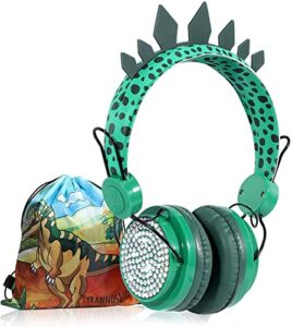 kids headphones boys, wired dinosaur headphones w/mic 3.5mm jack & adjustable headband & tangle-free cord, over on ear headset for school birthday xmas, w/1pc dinosaur party bag, green