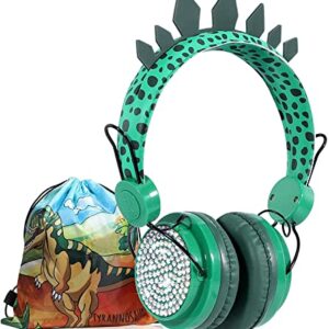 Kids Headphones Boys, Wired Dinosaur Headphones w/Mic 3.5mm Jack & Adjustable Headband & Tangle-Free Cord, Over On Ear Headset for School Birthday Xmas, w/1pc Dinosaur Party Bag, Green
