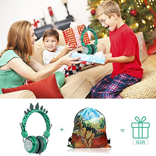 Kids Headphones Boys, Wired Dinosaur Headphones w/Mic 3.5mm Jack & Adjustable Headband & Tangle-Free Cord, Over On Ear Headset for School Birthday Xmas, w/1pc Dinosaur Party Bag, Green