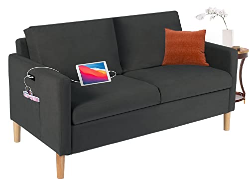 TYBOATLE 55" Modern Fabric Loveseat Sofa with 2 USB Charging Ports, Furniture Suitable for Small Spaces, Living Room, Office, Soft Couch Easy to Install (Dark Grey, Loveseat)