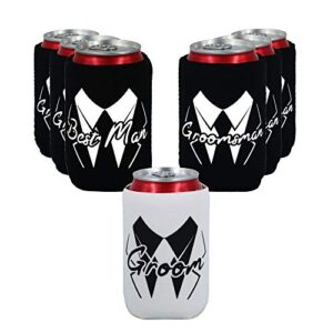 lady&home set of 7 groom and groomsman can coolers, can sleeve favors for bachelor party and wedding party (squiggles)