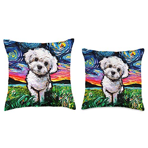 Sagittarius Gallery Maltipoo Starry Night White Maltese Poodle Dog Art by Aja Throw Pillow, 16x16, Multicolor