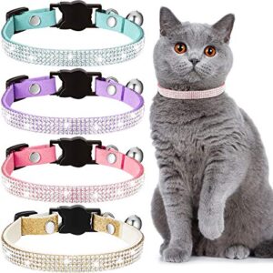 weewooday 4 pieces rhinestones cat collars breakaway cat collar with bell bling pet collars with soft velvet, 4 colors (purple, blue, gold, pink,s)