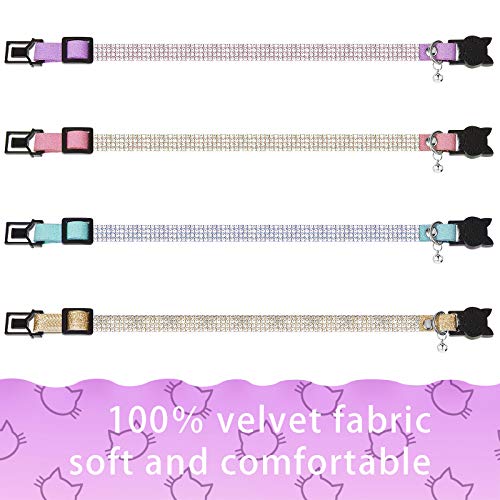 Weewooday 4 Pieces Rhinestones Cat Collars Breakaway Cat Collar with Bell Bling Pet Collars with Soft Velvet, 4 Colors (Purple, Blue, Gold, Pink,S)