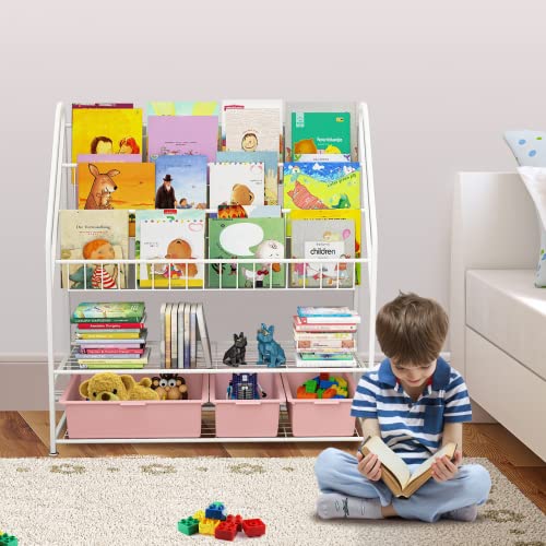 Olebes Kids Book Rack, 5 Children Sling Bookshelf, Bookcase Rack for Kid Toy Storage Organizer, Children's Display Storage Shelves for Books Toys in Study Living Room Bedroom